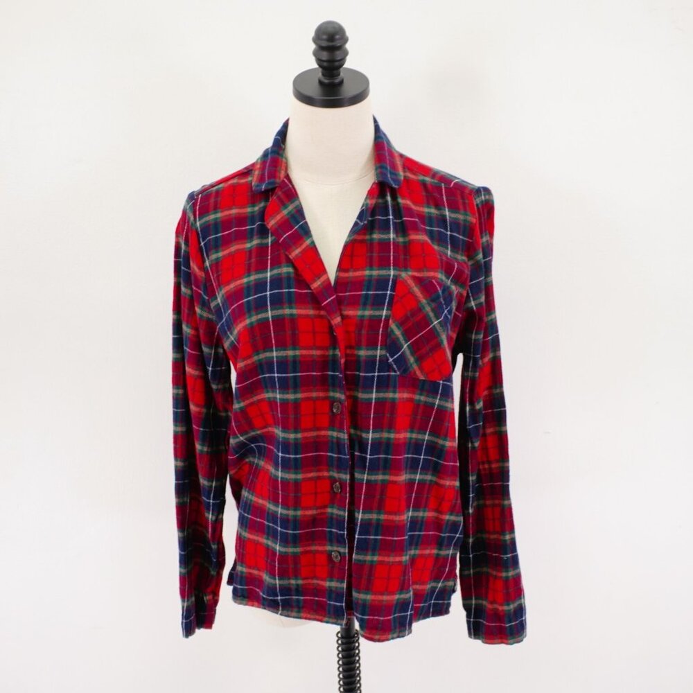 Old Navy Blue Red Green Plaid Flannel Collared Button Front Shirt Top Small Long